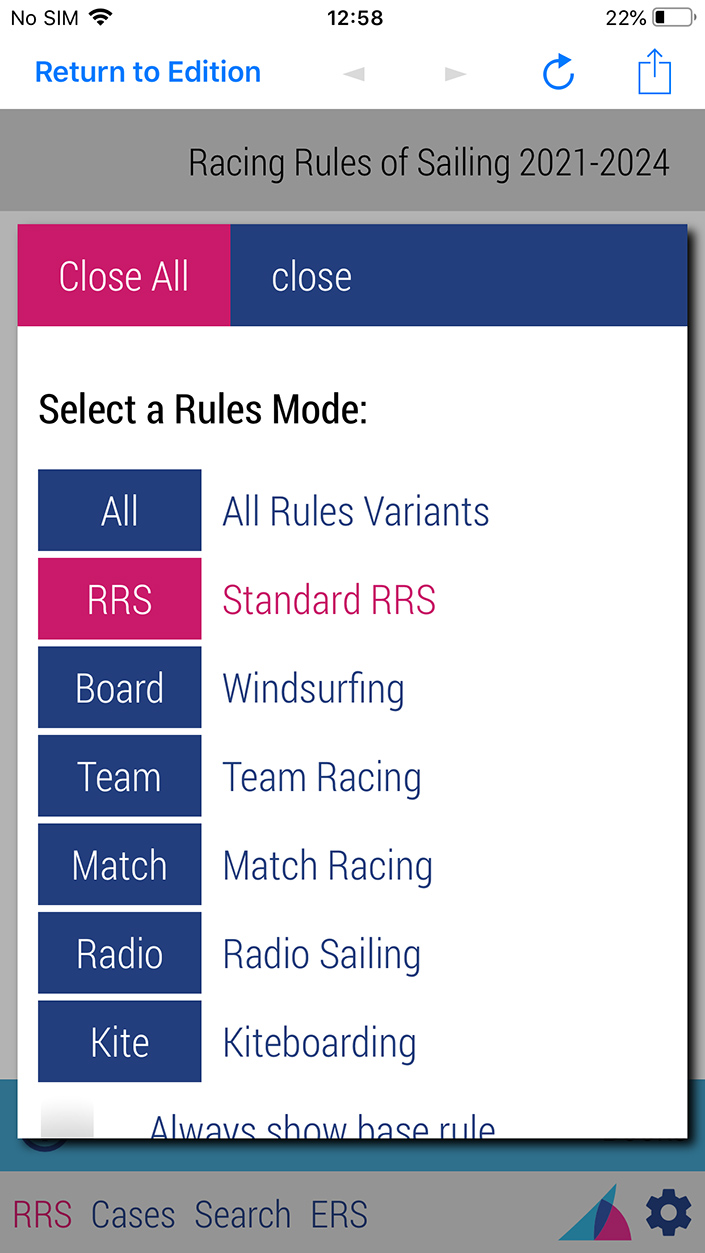 Screenshot showing the integrated eBook in the World Sailing 2021-2024 app
